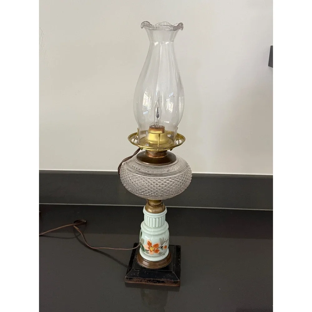 Vintage Electric Hurricane Lamp Floral Milk Glass Hobnail Clear Red Flame Bulb